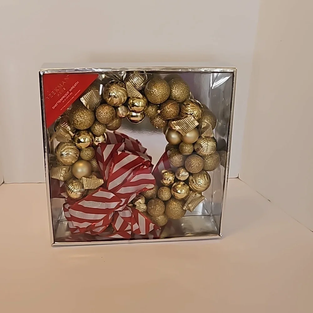 Upcycled Shatterproof Wreath Christmas Gold Ornaments Fairy Lights Handmade 14